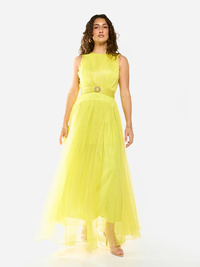 House Of Moda Textured Mesh Overlay Gown Maxi Dress