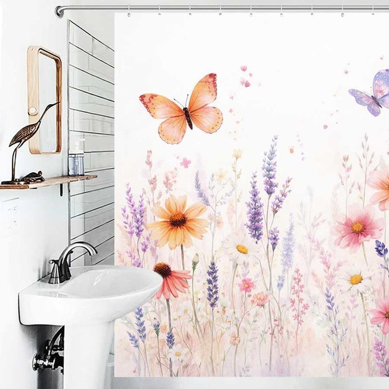 Butterflies and Flowers in a Garden Scene.-28Shower Curtain for Bathroom Waterproof Tan Shower Curtain with Hooks 71 inch x 71 inch - Image 4