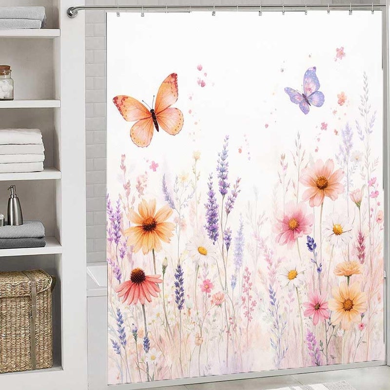 Butterflies and Flowers in a Garden Scene.-28Shower Curtain for Bathroom Waterproof Tan Shower Curtain with Hooks 71 inch x 71 inch - Image 2
