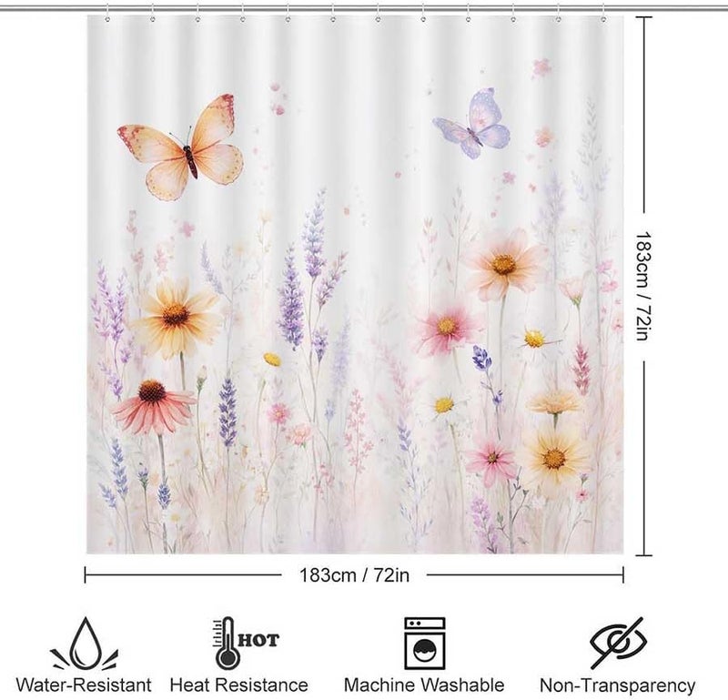 Butterflies and Flowers in a Garden Scene.-28Shower Curtain for Bathroom Waterproof Tan Shower Curtain with Hooks 71 inch x 71 inch - Image 3
