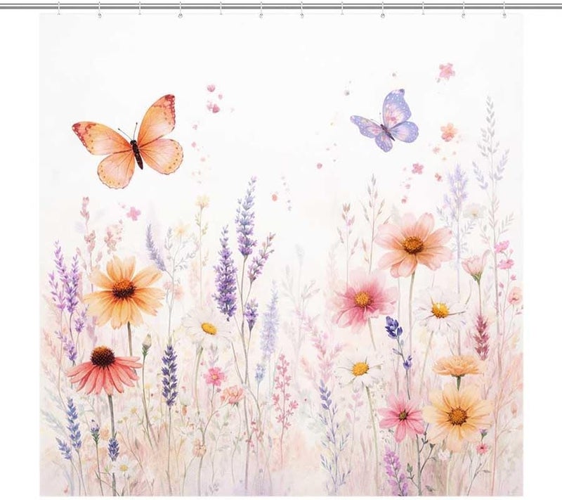 Butterflies and Flowers in a Garden Scene.-28Shower Curtain for Bathroom Waterproof Tan Shower Curtain with Hooks 71 inch x 71 inch - Image 1