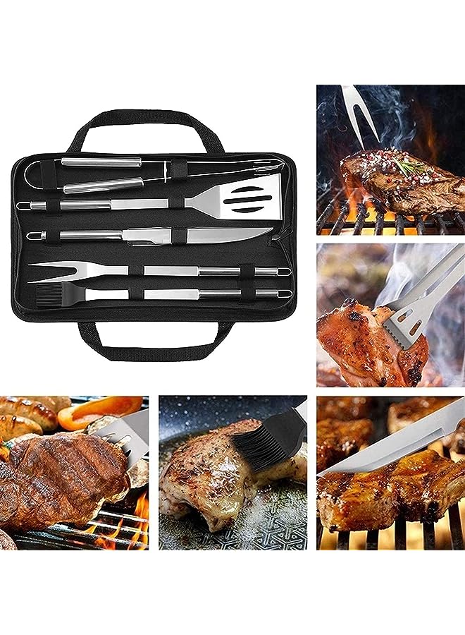 IAF Tools Set, 5Pcs Stainless Steel Portable Grill Accessories, For Home Patio Backyard Grilling Lawn Camping Hiking, Picnics Kitchen, Grill Tool With Knife Brush Fork Spatula Tong, With Oxford Bag - Image 1