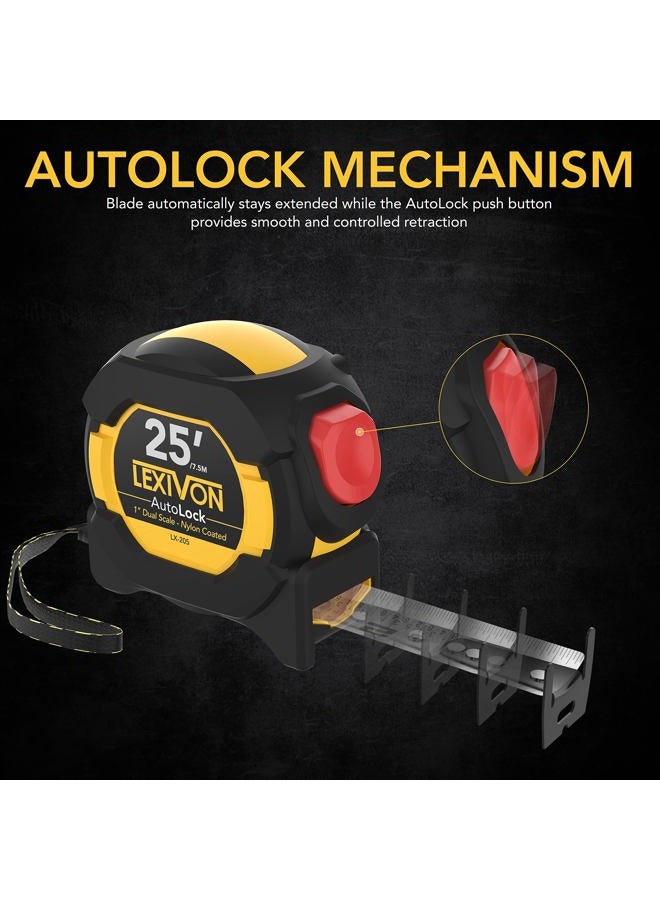 LEXIVON [2-Pack] 25Ft/7.5m AutoLock Tape Measure | 1-Inch Wide Blade with Nylon Coating, Matte Finish White & Yellow Dual Sided Rule Print | Ft/Inch/Fractions/Metric (LX-205X2) - Image 5