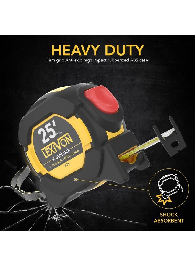 LEXIVON [2-Pack] 25Ft/7.5m AutoLock Tape Measure | 1-Inch Wide Blade with Nylon Coating, Matte Finish White & Yellow Dual Sided Rule Print | Ft/Inch/Fractions/Metric (LX-205X2) - Image 4