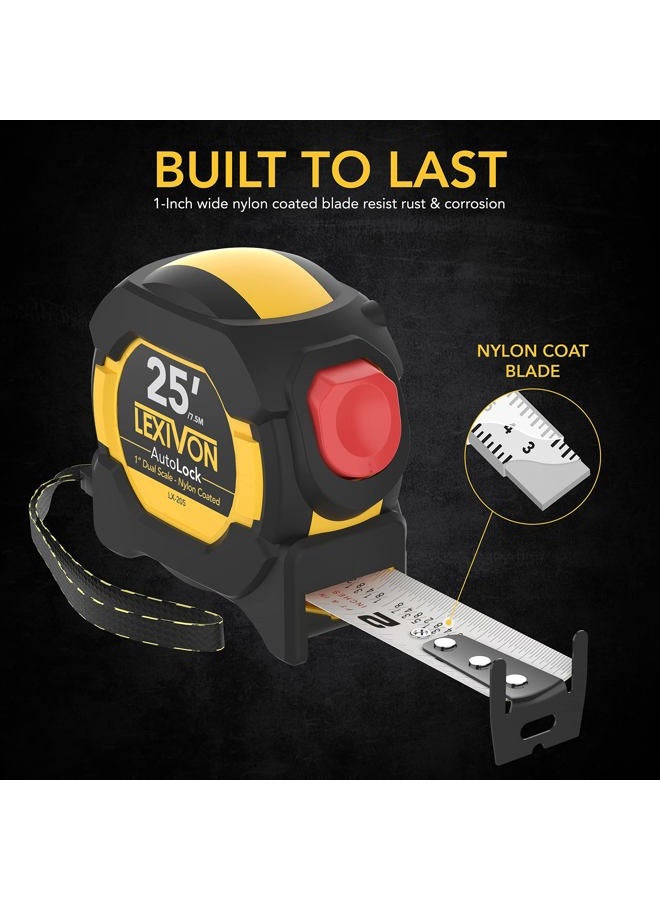 LEXIVON [2-Pack] 25Ft/7.5m AutoLock Tape Measure | 1-Inch Wide Blade with Nylon Coating, Matte Finish White & Yellow Dual Sided Rule Print | Ft/Inch/Fractions/Metric (LX-205X2) - Image 2