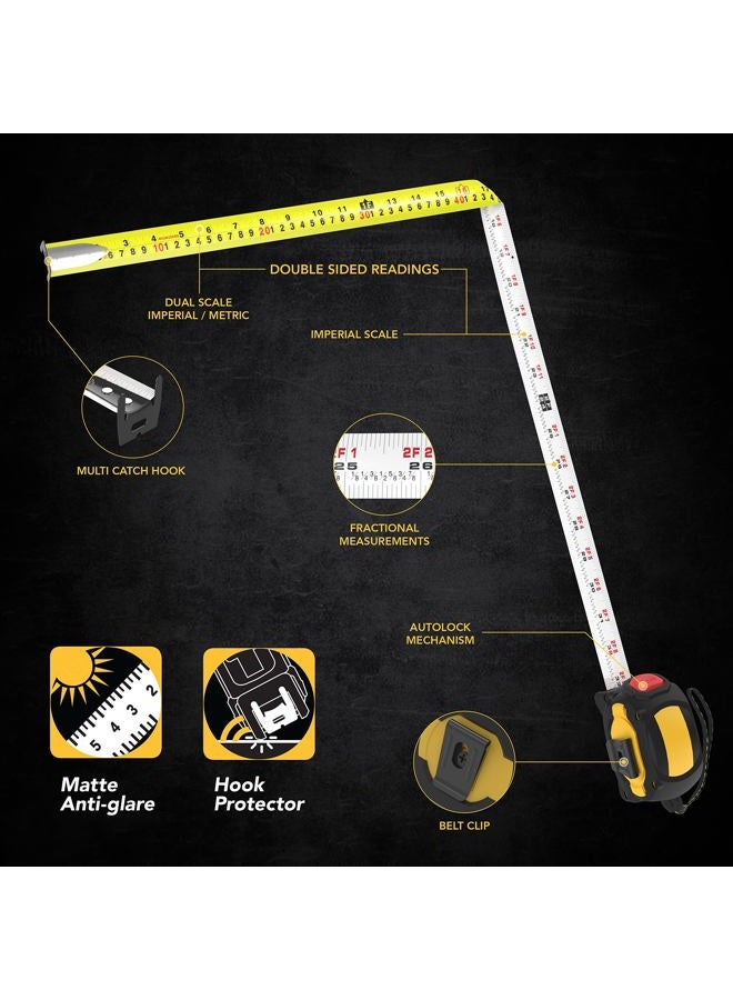 LEXIVON [2-Pack] 25Ft/7.5m AutoLock Tape Measure | 1-Inch Wide Blade with Nylon Coating, Matte Finish White & Yellow Dual Sided Rule Print | Ft/Inch/Fractions/Metric (LX-205X2) - Image 3