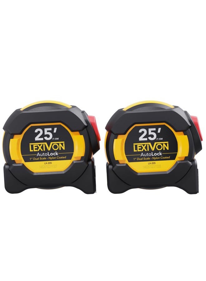 LEXIVON [2-Pack] 25Ft/7.5m AutoLock Tape Measure | 1-Inch Wide Blade with Nylon Coating, Matte Finish White & Yellow Dual Sided Rule Print | Ft/Inch/Fractions/Metric (LX-205X2) - Image 1