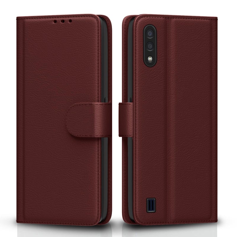 Pikkme Samsung Galaxy M01 Flip Case Leather Finish | Inside TPU with Card Pockets | Wallet Stand and Shock Proof | Magnetic Closing | Complete Protection Flip Cover for Samsung Galaxy M01 (Brown) - Image 1