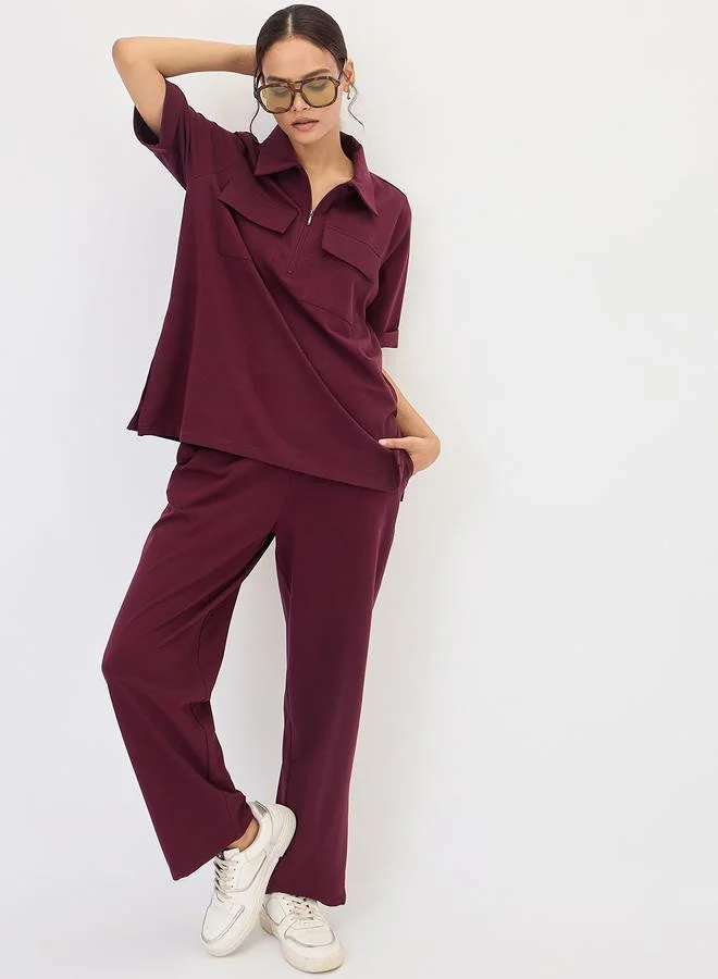 Femmella Burgundy Zipper Top with Chest Pockets