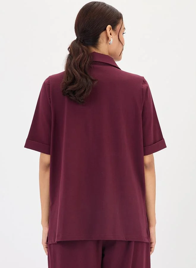 Femmella Burgundy Zipper Top with Chest Pockets