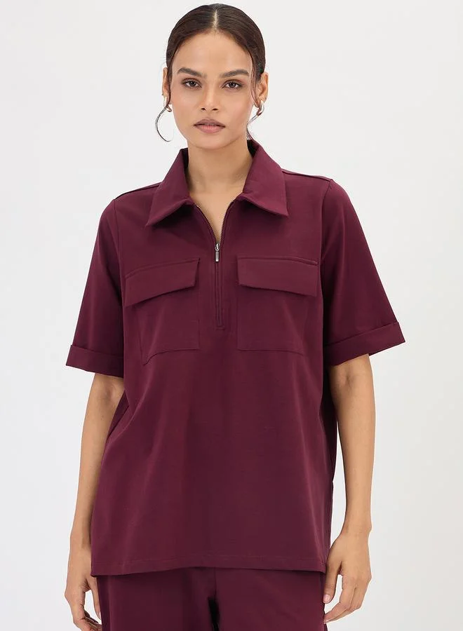 Femmella Burgundy Zipper Top with Chest Pockets