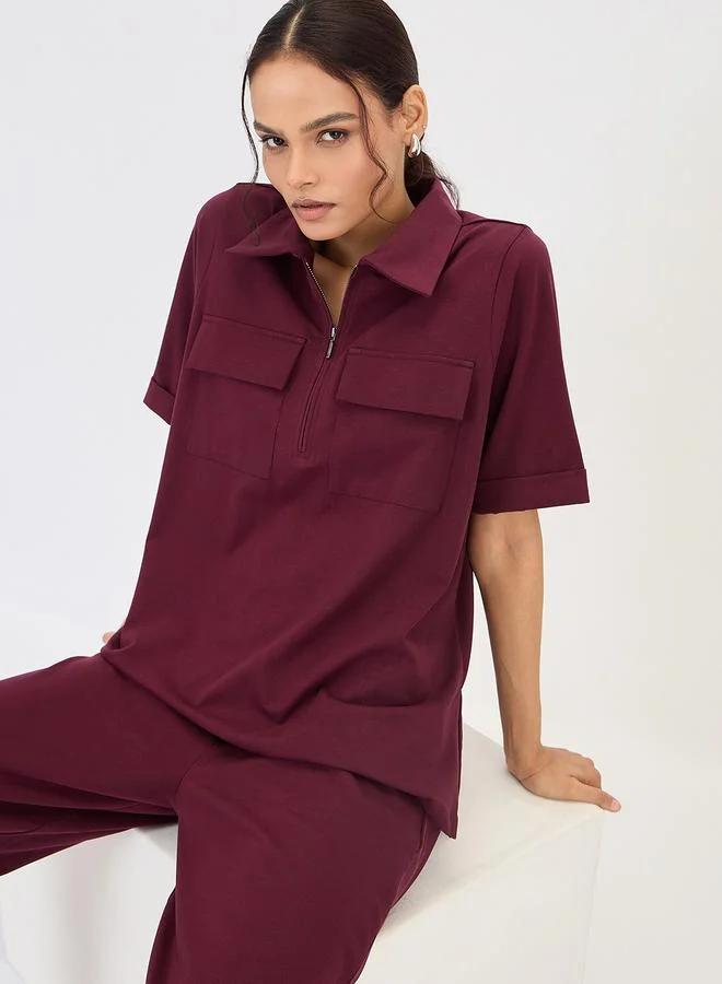 Femmella  Burgundy Zipper Top with Chest Pockets for Women | Best Price UAE