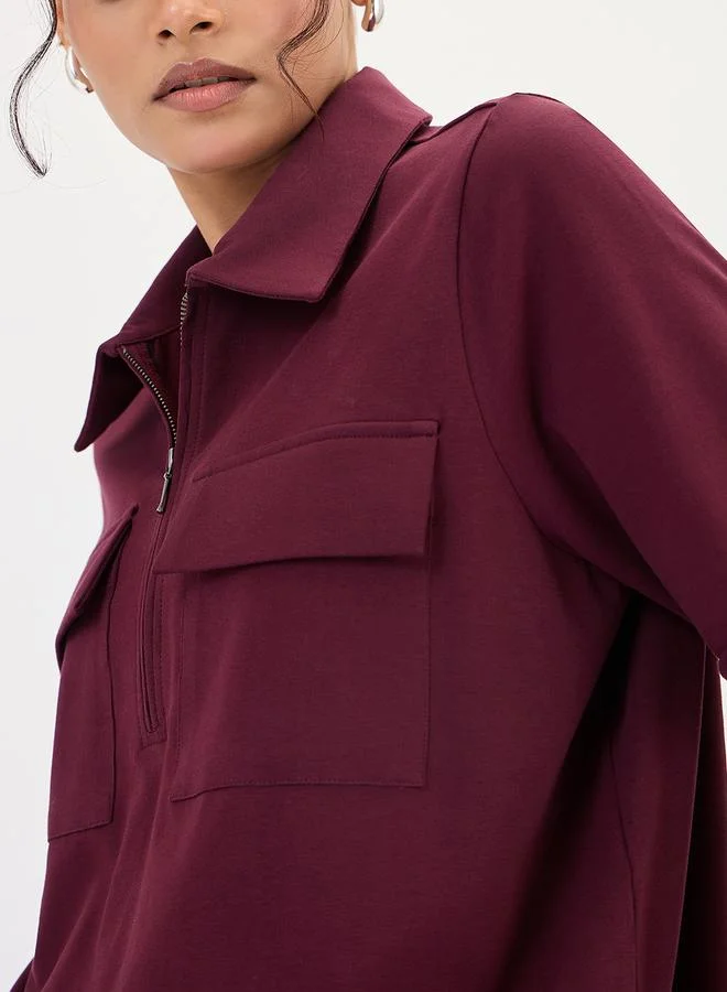 Femmella  Burgundy Zipper Top with Chest Pockets for Women | Best Price UAE