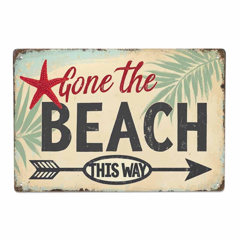 AOYEGO Beach Tin SignStar Arrow Tree Leaf Plant Nature Ocean Palm Tropical Sand Relax Surf Vintage Metal Tin Signs for Cafes Bars Pubs Shop Wall Decorative Funny Retro Signs for Men Women 8x12 Inch - Image 1