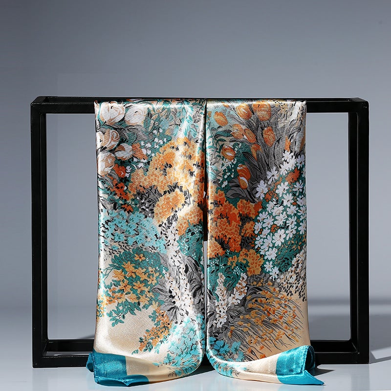 general 90x90cm Satin Square Scarf with Peony Flower Print for Women - Image 3