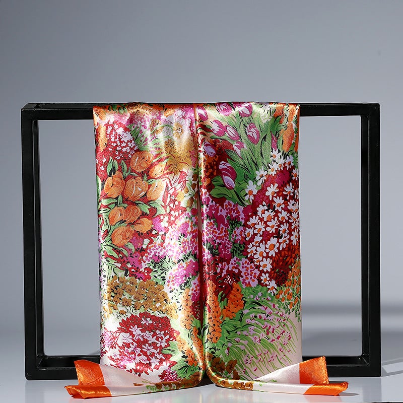 general 90x90cm Satin Square Scarf with Peony Flower Print for Women - Image 5
