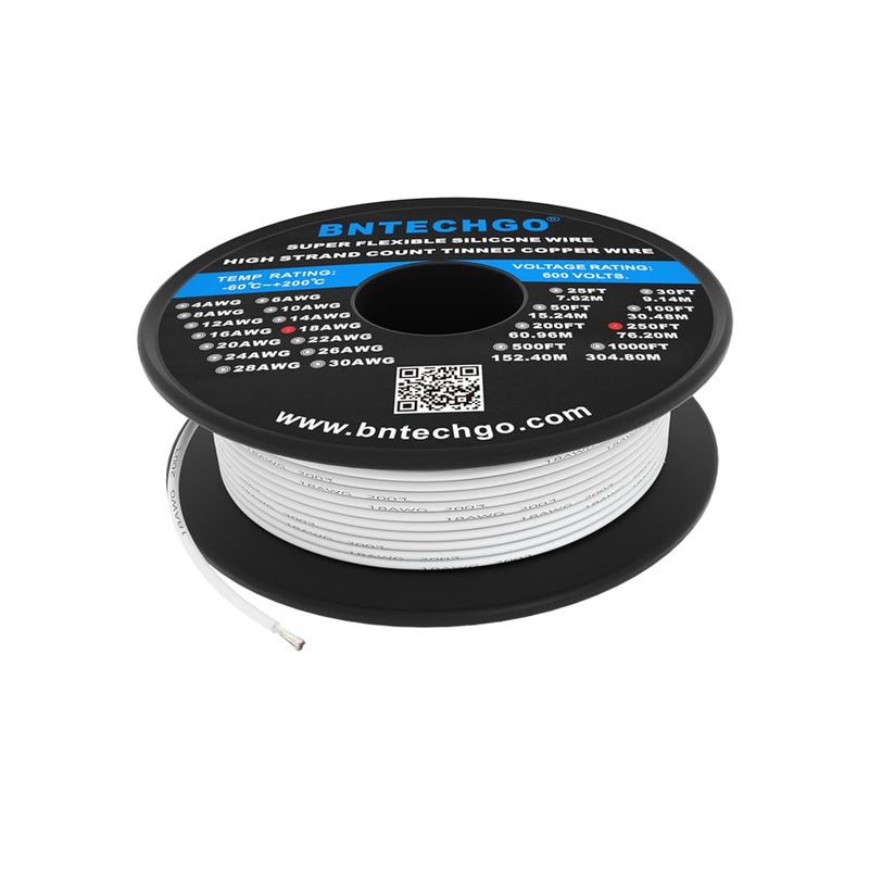 BNTECHGO 18 Gauge Silicone Wire Spool 250 ft White Flexible 18 AWG Stranded Tinned Copper Wire - Image 2