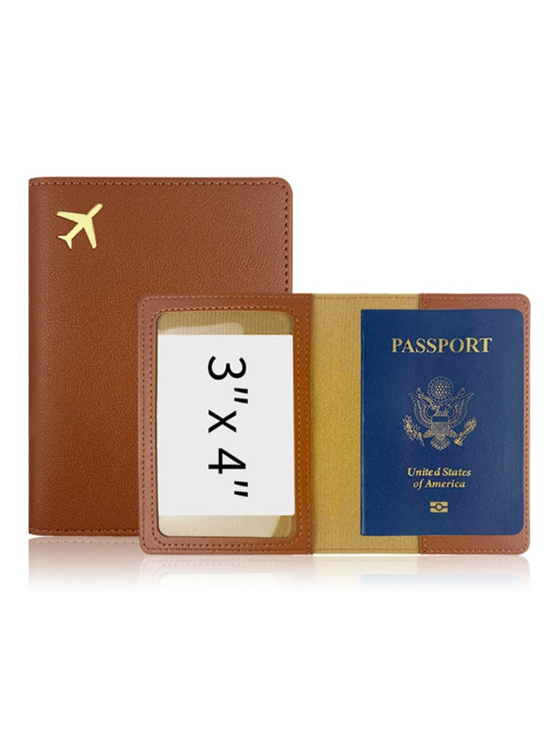 Brown Passport Holder Wallet Case, Passport Holder With Rfid Blocking, Gold Stamped Airplane Leather Travel Document Holder For Men And Women Travel Accessories - Image 1