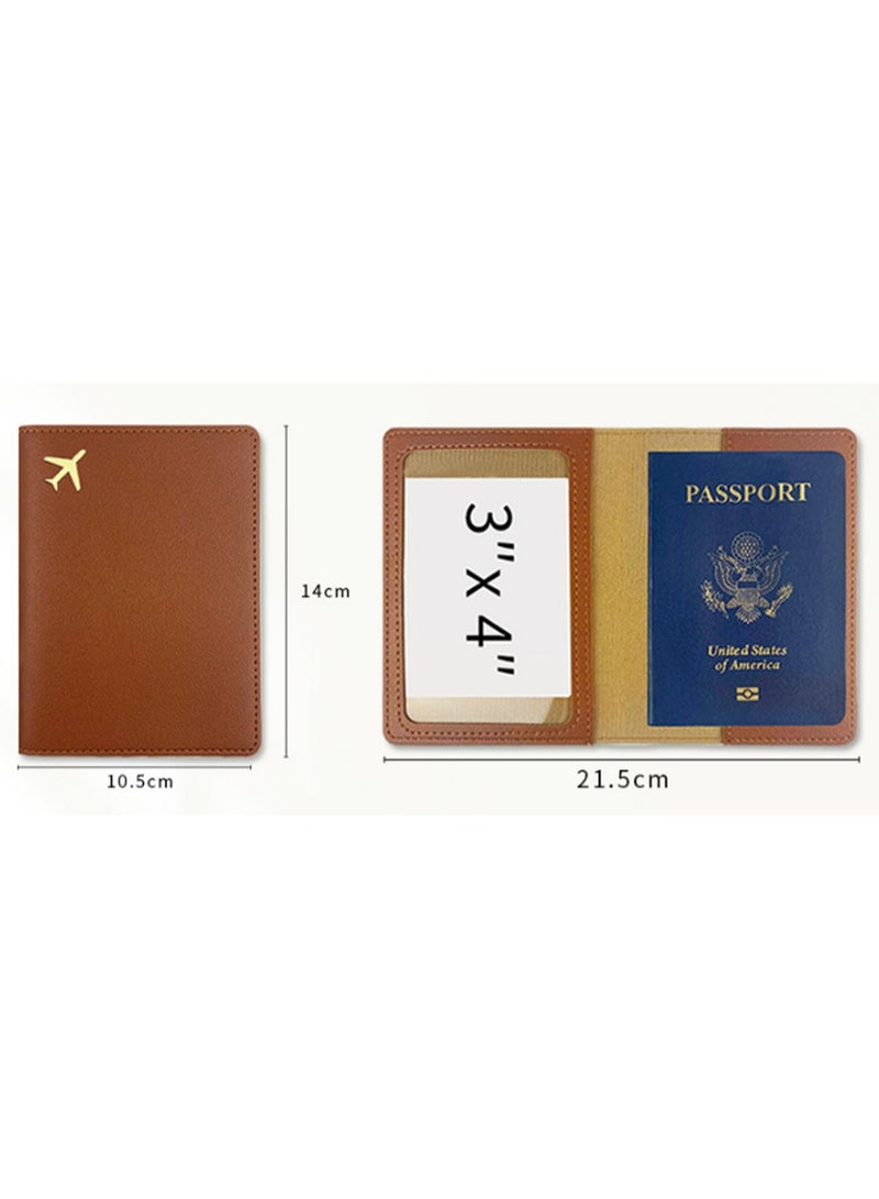 Brown Passport Holder Wallet Case, Passport Holder With Rfid Blocking, Gold Stamped Airplane Leather Travel Document Holder For Men And Women Travel Accessories - Image 2