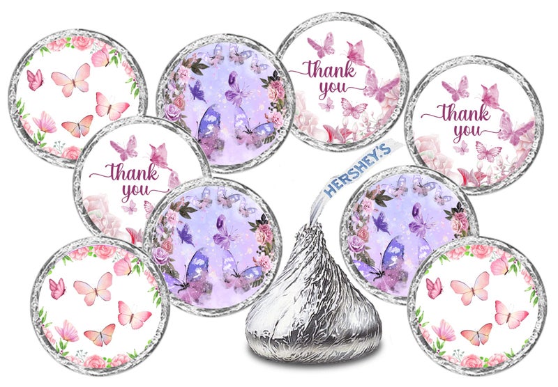 RokAPary 216 Butterfly Kisses Labels Themed Stickers for Baby Shower Or Birthday Party Event Decorations Thank You Stickers Wrappers Favors Great for Tags Supplies Candy NOT Included Made in USA