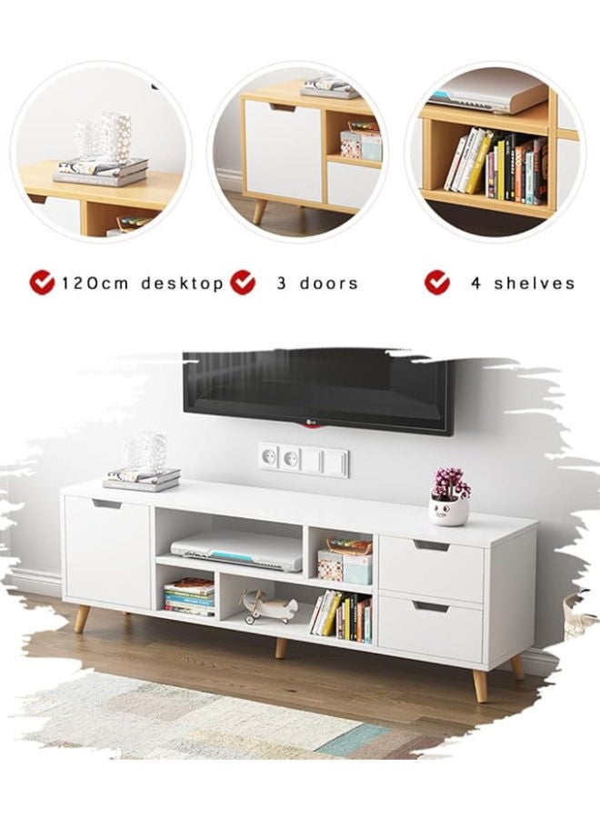 وحدة تلفزيون كبيرة بيضاء - وحدة تلفزيون عصرية 120 سم مع 3 أدراج وأرفف لتخزين الوسائط - Image 3
