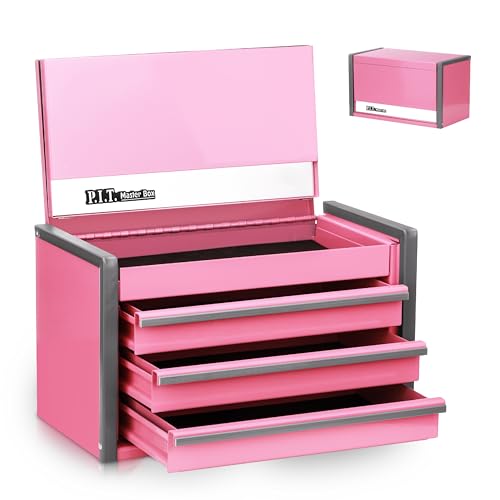 PIT P.I.T. Mini Pink Tool Box, Portable 3 Drawer Steel Stackable Tool Box with Magnetic Tab Locking, Pink Micro Top Chest with Liner for Tools Storage and Organizers, Home DIY - Image 1