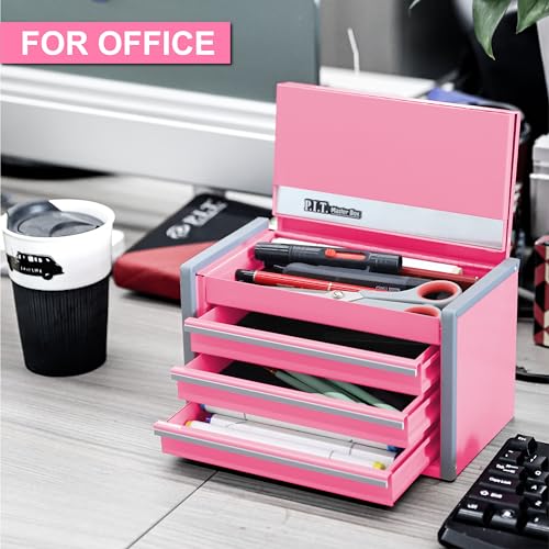PIT P.I.T. Mini Pink Tool Box, Portable 3 Drawer Steel Stackable Tool Box with Magnetic Tab Locking, Pink Micro Top Chest with Liner for Tools Storage and Organizers, Home DIY - Image 3