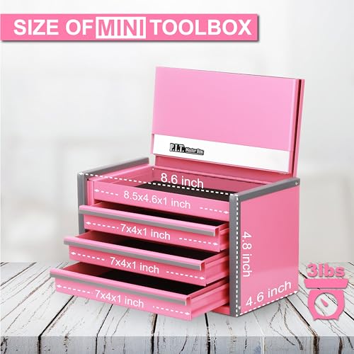 PIT P.I.T. Mini Pink Tool Box, Portable 3 Drawer Steel Stackable Tool Box with Magnetic Tab Locking, Pink Micro Top Chest with Liner for Tools Storage and Organizers, Home DIY - Image 2