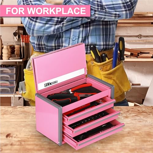 PIT P.I.T. Mini Pink Tool Box, Portable 3 Drawer Steel Stackable Tool Box with Magnetic Tab Locking, Pink Micro Top Chest with Liner for Tools Storage and Organizers, Home DIY - Image 5