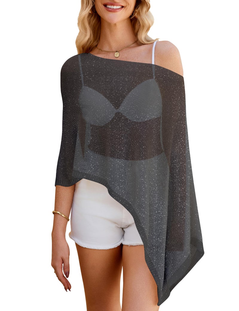 WeciBor Sheer Poncho Top for Women Y2K Knit Lightweight Shrug Sweater Cover Up Vacation Poolside Outfits Black Silver - Image 1