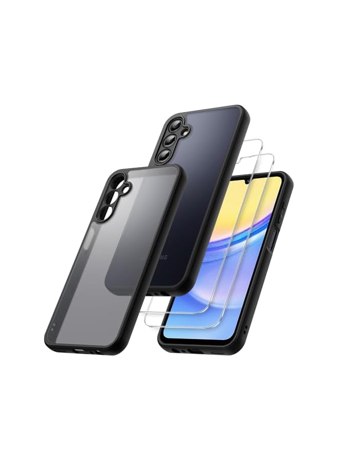 JETech 3 in 1 Matte Case for Galaxy A15 5G / 4G 6.5-Inch with 2-Pack Tempered Glass Screen Protector, Translucent Frosted Shockproof Phone Cover with Camera Protection (Black) - Image 1