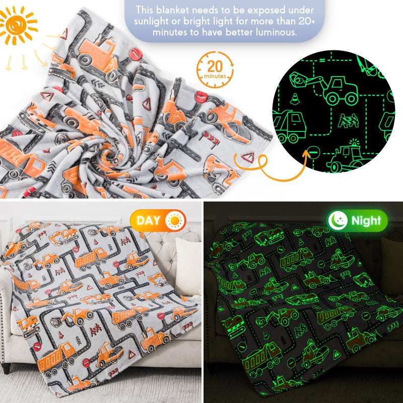 Jekeno Kids Boys Construction Excavator Gifts Toys - Glow in The Dark Truck Blanket Birthday Christmas Valentine's Easter Gift for Age 1 2 3 4 5 6 7 8 9 10 Years Old Teen Toddlers Car Plush Throw 50"x60" - Image 4