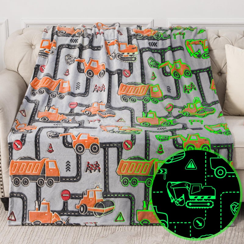 Jekeno Kids Boys Construction Excavator Gifts Toys - Glow in The Dark Truck Blanket Birthday Christmas Valentine's Easter Gift for Age 1 2 3 4 5 6 7 8 9 10 Years Old Teen Toddlers Car Plush Throw 50"x60" - Image 1