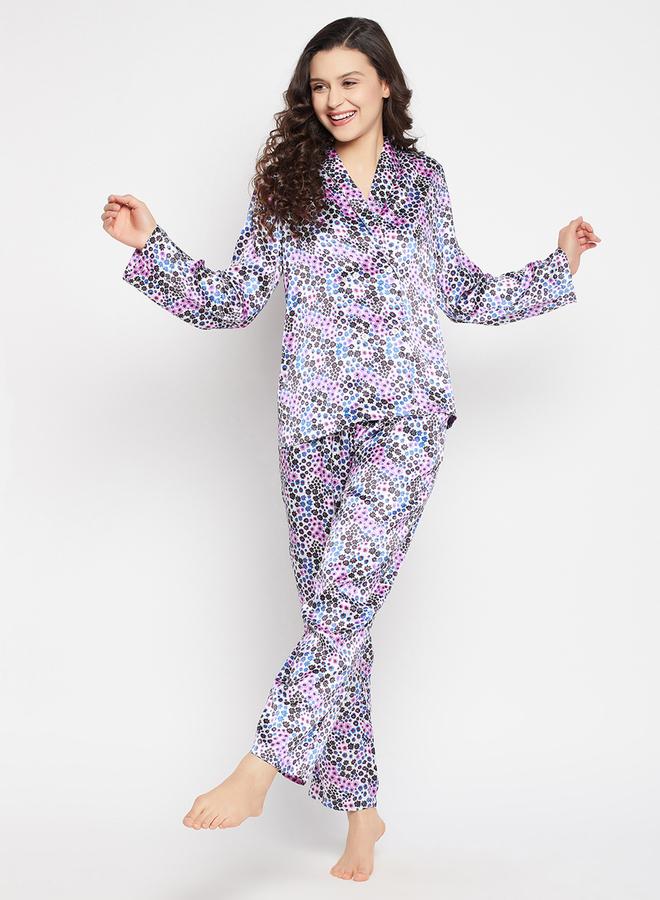 Clovia Floral Print Shawl Lapel Shirt and Pyjama Set - Image 2