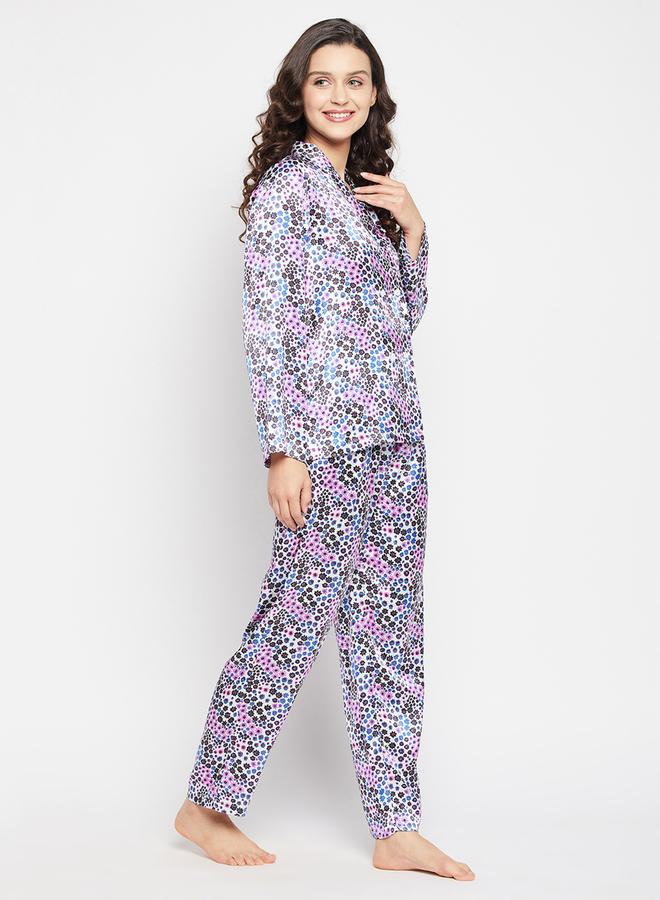Clovia Floral Print Shawl Lapel Shirt and Pyjama Set - Image 4