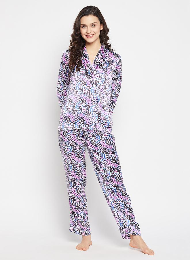 Clovia Floral Print Shawl Lapel Shirt and Pyjama Set - Image 1