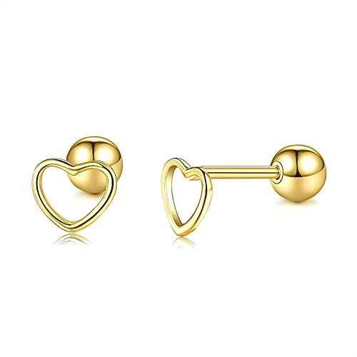 Izpack Minimalist Hollow Heart Shape Tiny Stud Earrings Sterling Silver Cartilage Tragus Screwback Studs Earring Helix Barbell Piercing for Women Jewelry Gifts for Her Daughter Xmas 20G (Gold) - Image 1