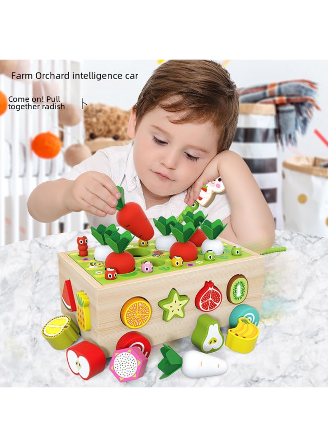 Wooden Multifunctional Pulling Radish Farm Fruit Cognitive Shape Matching Drag Trolley Children's Early Education Toys-Color:Shape Building Block Trailer (four-color Game) - Image 2