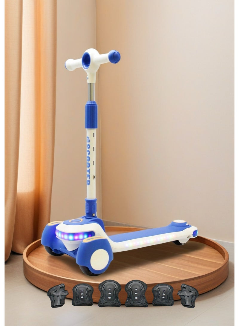 إيزي فيتشور سكوتر ركل للأطفال من إيزي فيوتشر: تصميم قابل للطي، مقبض قابل لضبط الارتفاع، عجلات LED، فرامل خلفية وموسيقى للأعمار من 3 إلى 8 سنوات، بما في ذلك مجموعة معدات الحماية - Image 1