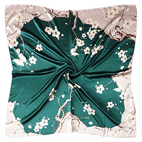 vabovin Women's Silk Feeling Neckerchief Large Square Satin Scarf Fashion Bandanas (Green Sliver Plum Blossom) - Image 1