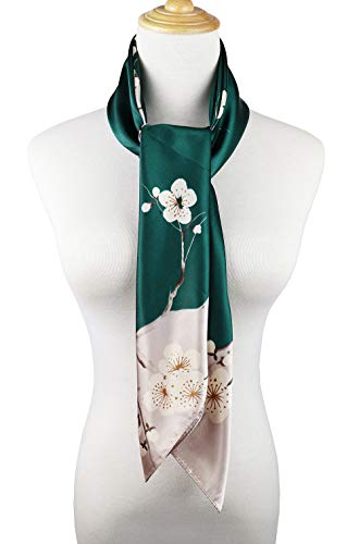 vabovin Women's Silk Feeling Neckerchief Large Square Satin Scarf Fashion Bandanas (Green Sliver Plum Blossom) - Image 5