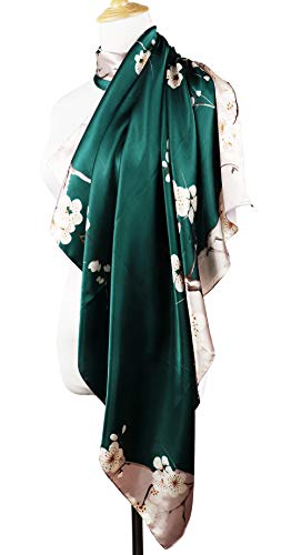 vabovin Women's Silk Feeling Neckerchief Large Square Satin Scarf Fashion Bandanas (Green Sliver Plum Blossom) - Image 2