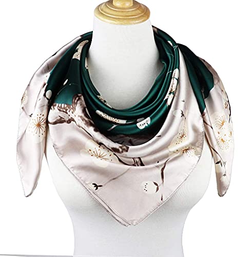vabovin Women's Silk Feeling Neckerchief Large Square Satin Scarf Fashion Bandanas (Green Sliver Plum Blossom) - Image 4