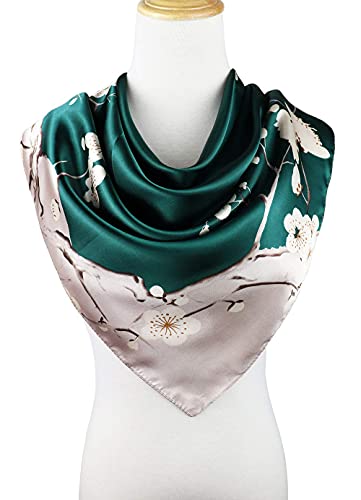 vabovin Women's Silk Feeling Neckerchief Large Square Satin Scarf Fashion Bandanas (Green Sliver Plum Blossom) - Image 3