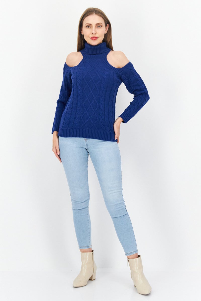 BRAVE SOUL Women Mock Neck Knitted Sweater, Blue - Image 4