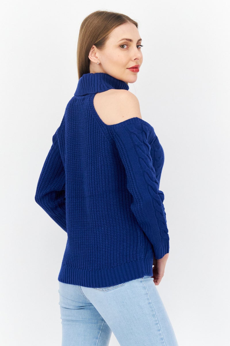 BRAVE SOUL Women Mock Neck Knitted Sweater, Blue - Image 3