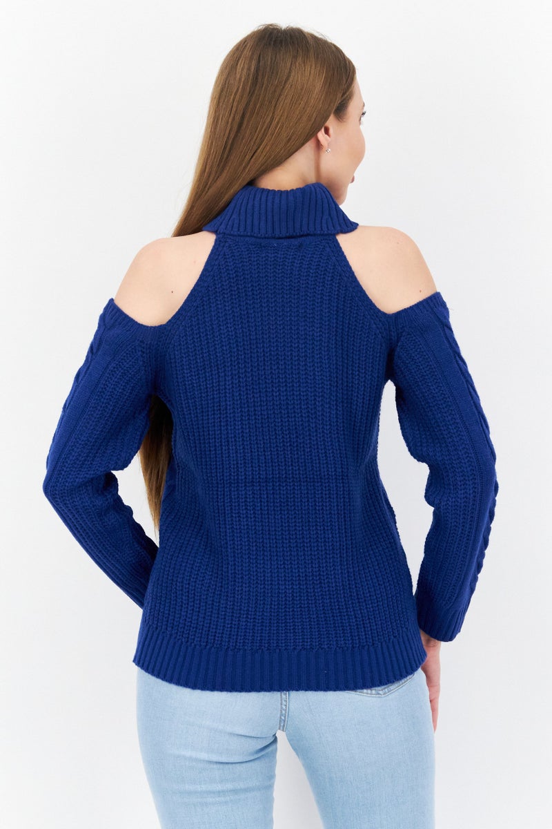 BRAVE SOUL Women Mock Neck Knitted Sweater, Blue - Image 2