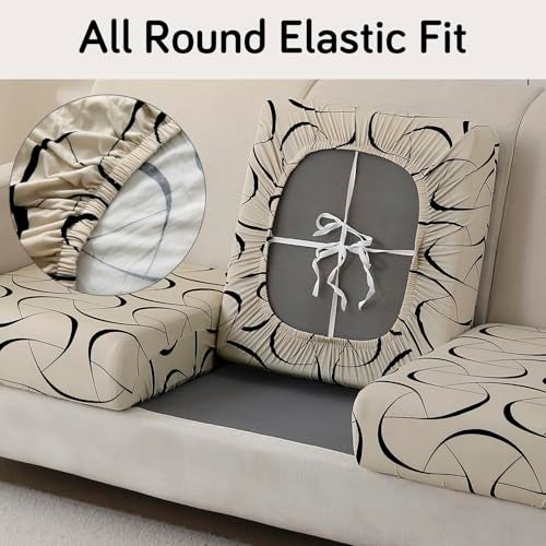 HOKIPO 'Elira Series' 140gsm Stretchable Elastic Seat Cushion Cover, 3 Seater, Natural Beige Abstract Art (AR-5350-C4) - Image 3