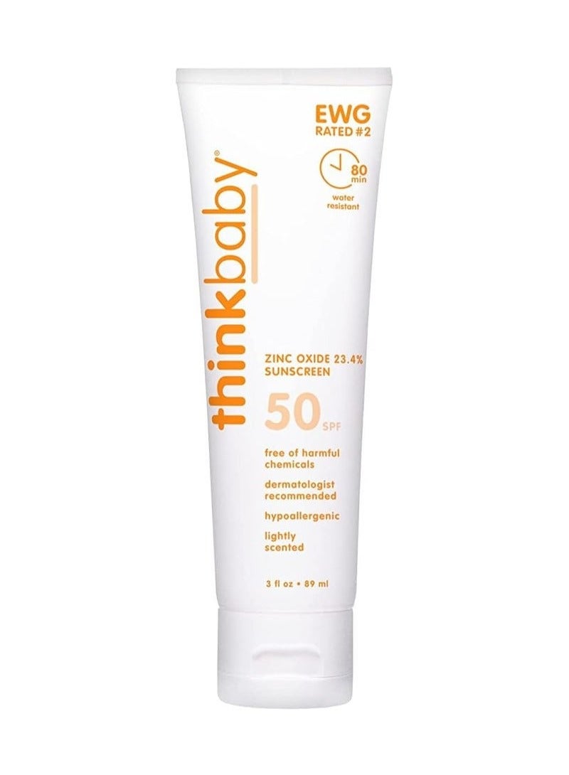 Thinkbaby SPF 50+ Baby Mineral Sunscreen – Safe, Natural Sunblock for Babies - Water Resistant Sun Cream – Broad Spectrum UVA/UVB Sun Protection – Vegan Baby Sunscreen Lotion, 3 Oz. - Image 1