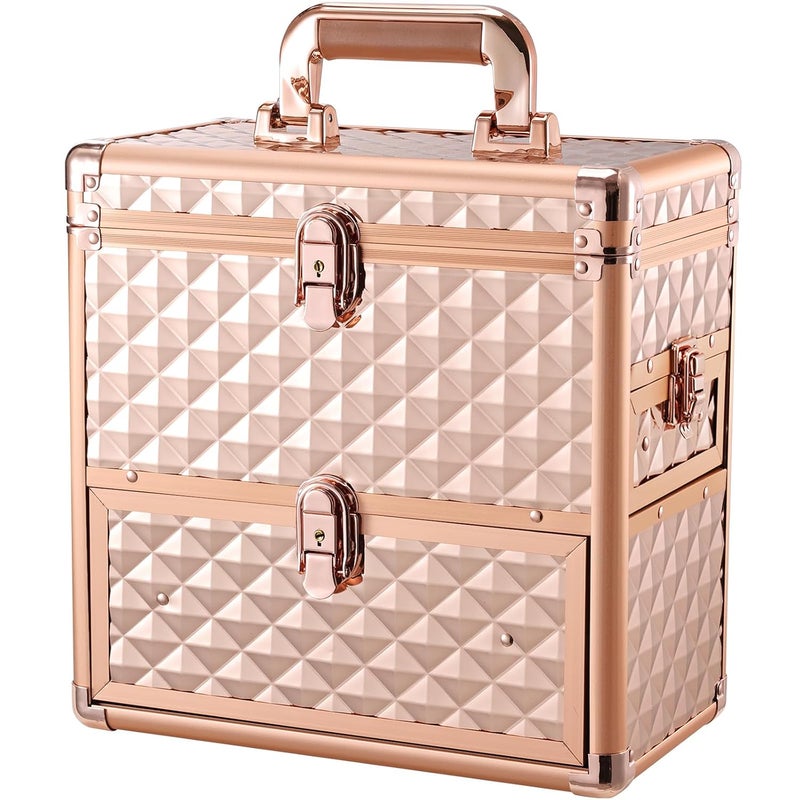 FRENESSA Makeup Train Case Professional Makeup Organizer Case with Drawer Mirror Extra Large Makeup Manicure Accessory with Dividers Travel Cosmetic Case for Cosmetologist Nail Tech Kits Makeup Case Rose Gold